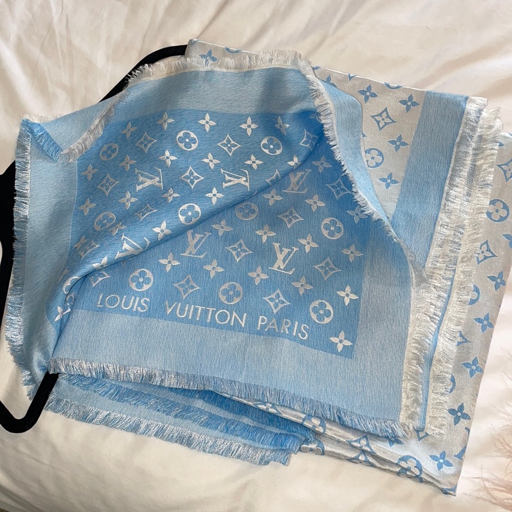 COPY - LOUIS VUITTON - Silk Wool Monogram Shine Shawl Light Blue